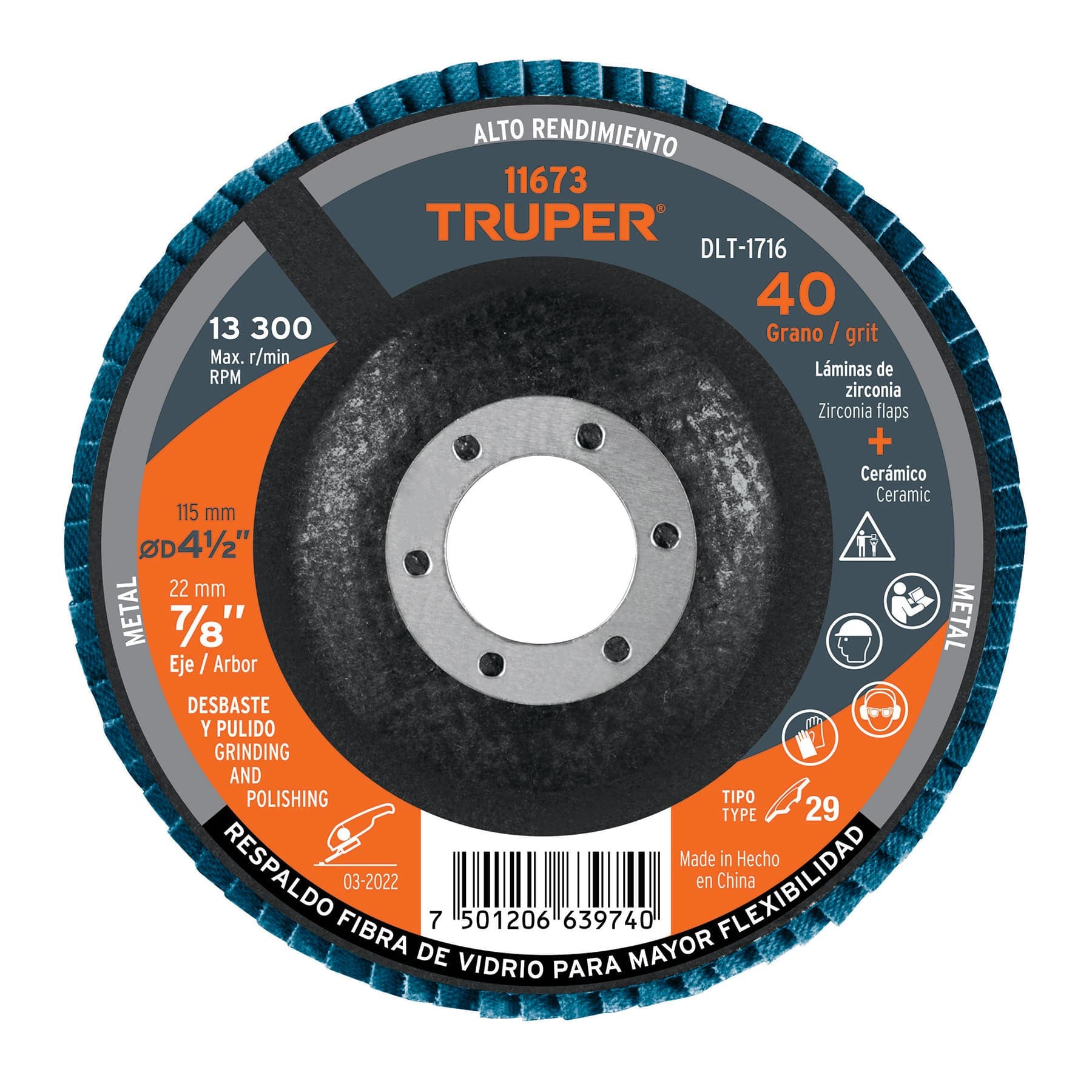 Disco laminado 4-1/2', grano 40 centro 7/8', fibra, TRUPER