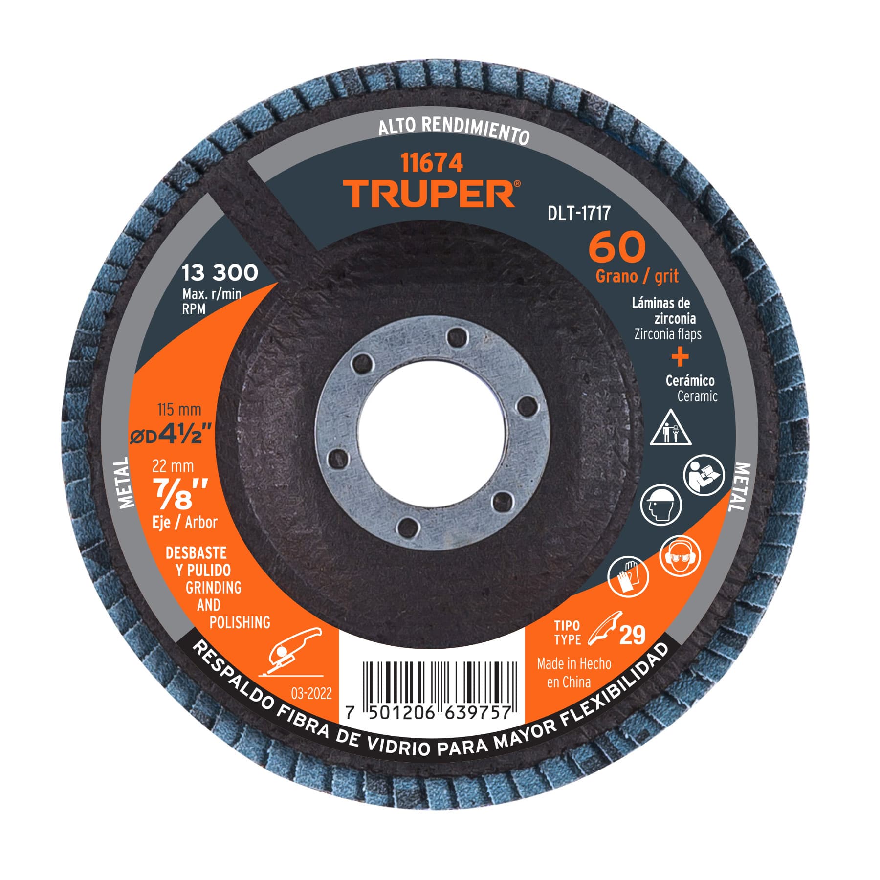 Disco laminado 4-1/2', grano 60 centro 7/8', fibra, TRUPER