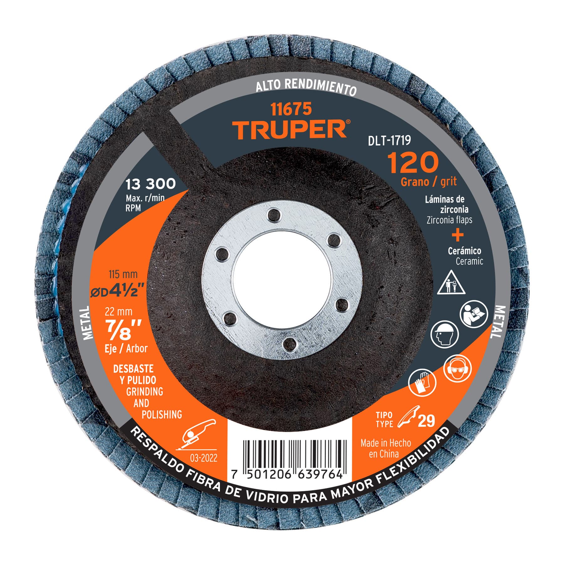 Disco laminado 4-1/2', grano 120 centro 7/8', fibra, TRUPER