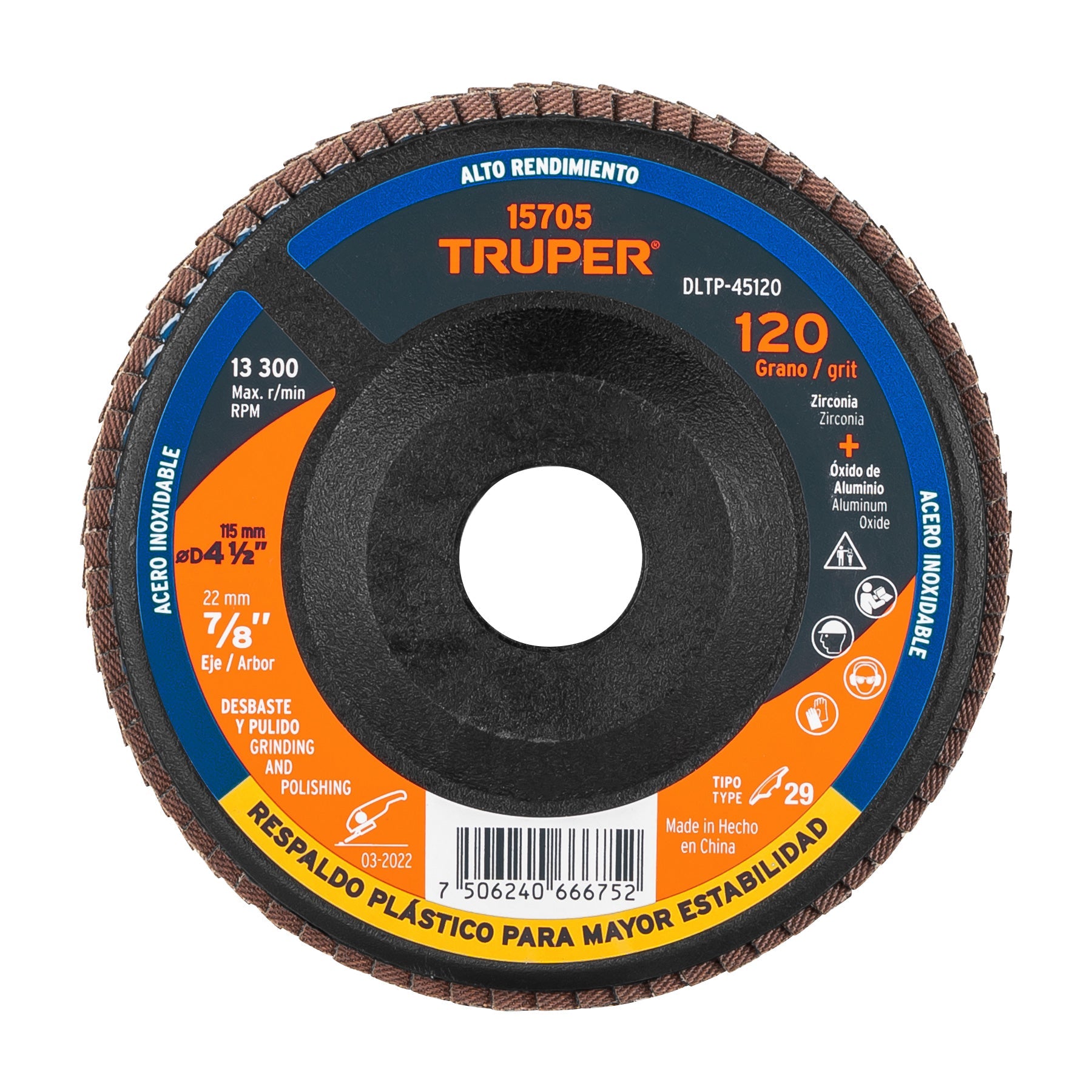 Disco laminado 4-1/2' grano 120 centro 7/8', plastico,TRUPER