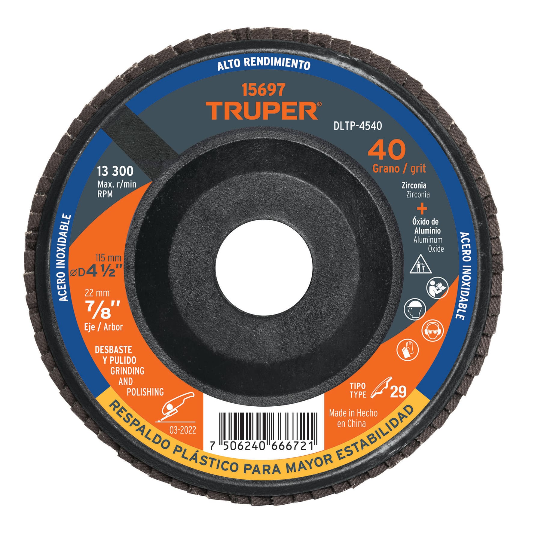 Disco laminado 4-1/2' grano 40 centro 7/8', plastico, TRUPER