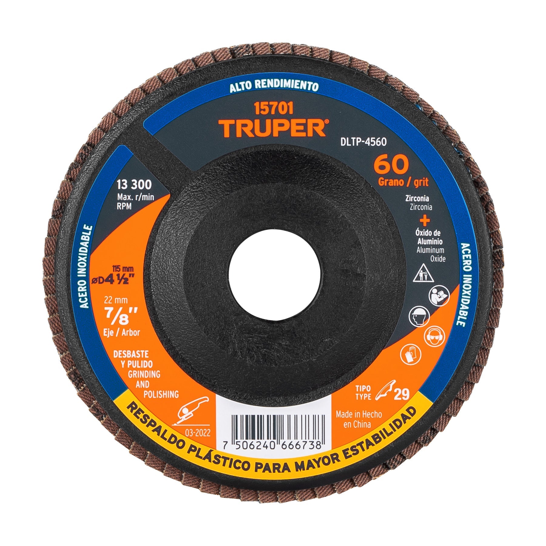 Disco laminado 4-1/2' grano 60 centro 7/8', plastico, TRUPER