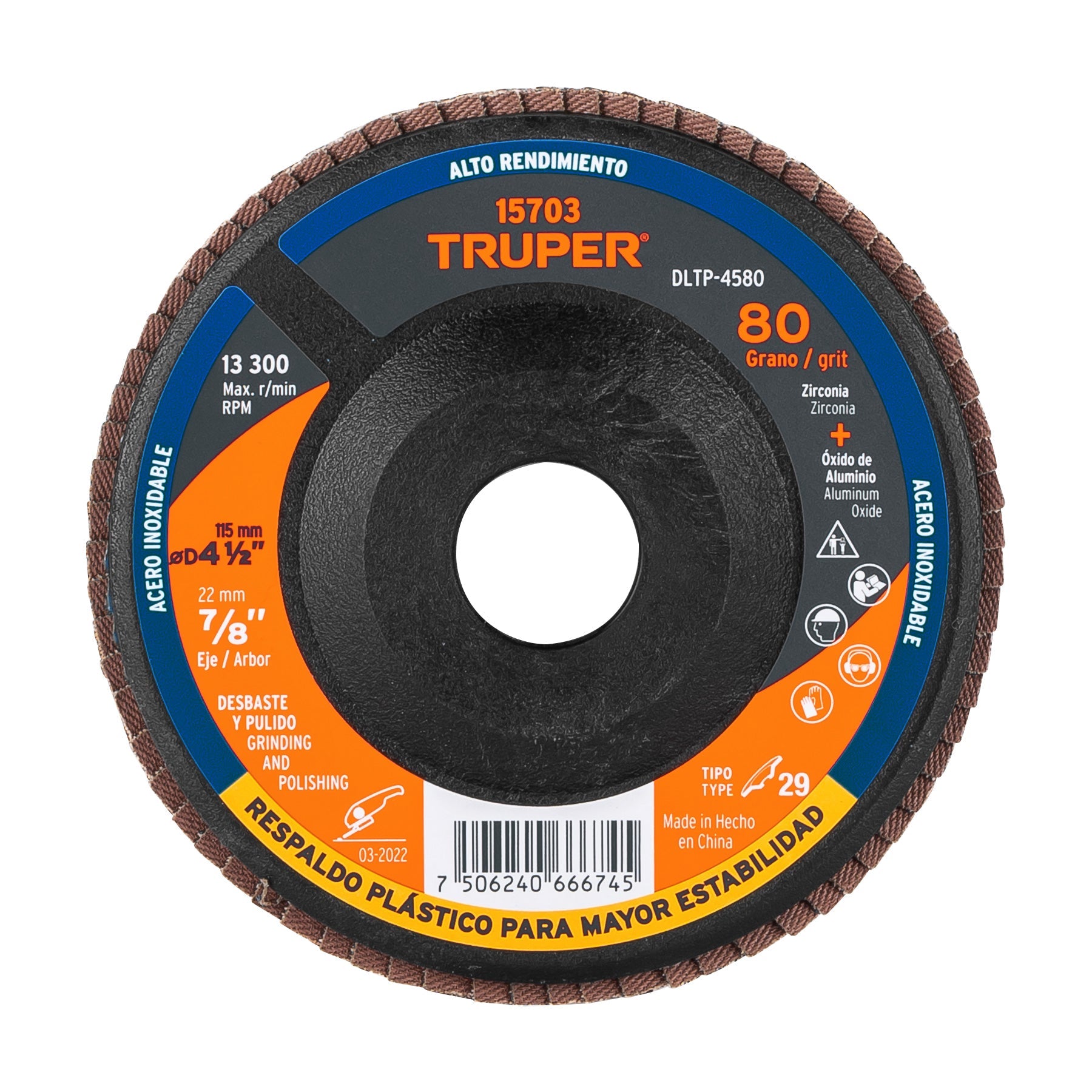 Disco laminado 4-1/2' grano 80 centro 7/8', plastico, TRUPER