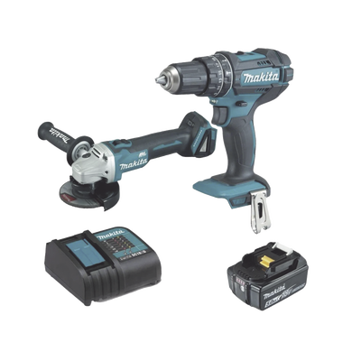 MAKITA - Kit, DHP482 Rotomartillo + DGA456 Mini Esmerilador, 1 Batería Li-Ion de 5.0 Ah y Cargador C/Luz de 18 Vcc.