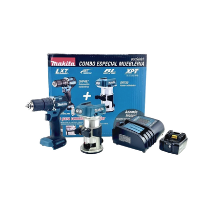 MAKITA - kit de Rotomartilló DHP487 +Fresadora Multifuncional DRT50, Incluye 1 Cargador Rápido DC18SD y 1 Batería li-Ion de 5.0 Ah Modelo BL1850B.