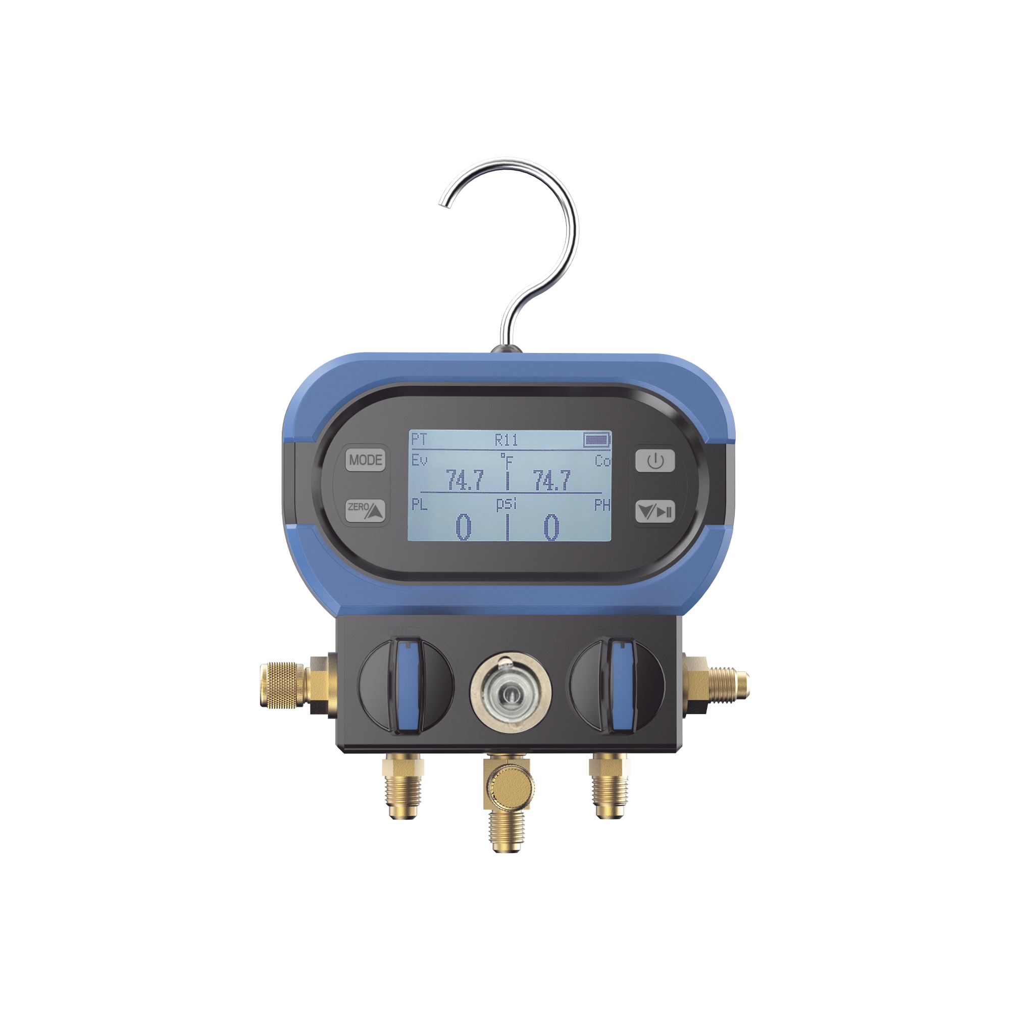 EPCOM - Manifold Digital DMAA 2 Válvulas / Sensor Digital Alta Precisión / Pantalla LCD Retroiluminada / Rango -14 a 800 psi (55 bar) / Compatibilidad Múltiples Refrigerantes / Diseño Anti-Caídas / Incluye 3 Mangueras y Adaptado