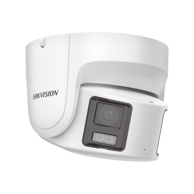 HIKVISION - [PROTECCIÓN ACTIVA] Turret IP Panorámica 8 Megapíxel / 2 Lentes 4 mm (180°) / Imagen a Color 24/7 (ColorVu) / PoE / WDR 130° / IP67 / ACUSENSE / Luz Estroboscópica y Alarma Audible / 30 mts Luz Blanca / Micro SD