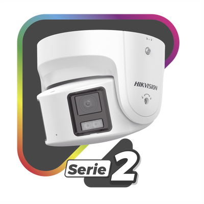 HIKVISION - [PROTECCIÓN ACTIVA] Turret IP Panorámica 8 Megapíxel / 2 Lentes 4 mm (180°) / Imagen a Color 24/7 (ColorVu) / PoE / WDR 130° / IP67 / ACUSENSE / Luz Estroboscópica y Alarma Audible / 30 mts Luz Blanca / Micro SD