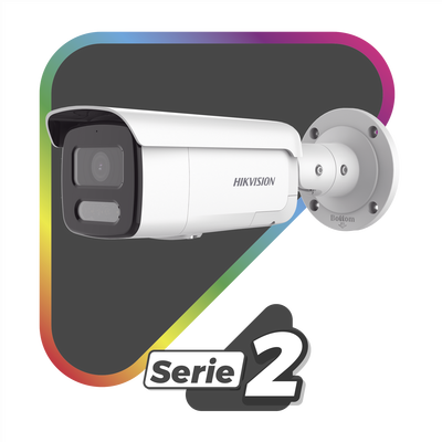 HIKVISION - [Dual Light + ColorVu] Bala IP 4 Megapixel / Lente 4 mm / 60 mts IR + 60 mts Luz Blanca / Exterior IP67 / Luz Intermitente y Alerta de Audio / Videoanaliticos (Filtro de Falsas Alarmas) / PoE / WDR 130 dB / Captura Facial  /  ACUSEARCH