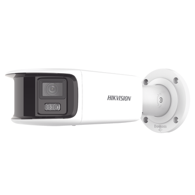 HIKVISION - [FlexVu] [PROTECCIÓN ACTIVA] Bala IP Panorámica 8 Megapixel (4K) / 2 Lentes 4 mm (180°) / Imagen a Color 24/7 (ColorVu) / PoE / WDR 130° / IP67 / ACUSENSE / Luz Estroboscópica y Alarma Audible / 40 mts Luz Blanca / Micro SD