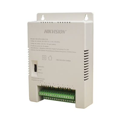 HIKVISION - Fuente de Poder Regulada 12 Vcc / 13.5 Vcc / 15 Vcc para 16 Cámaras / 16 Amp (1 Amp por Salida) / Voltaje de Entrada 90 - 130 VCA / Soporta 4K / Modo para Largas Distancias