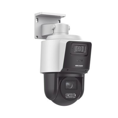 HIKVISION - [TandemVu] PTZ IP 4 Megapixel con Cámara Panorámica 4 Megapixel / 4X Zoom / Dual Light (40 mts IR + 30 mts Luz Blanca) / ACUSENSE / IP66  / PoE+ / DARKFIGHTER / Micro SD / Incluye Base para Techo o Pared