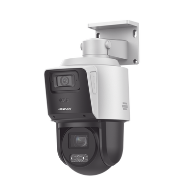 HIKVISION - [TandemVu] PTZ IP 4 Megapixel con Cámara Panorámica 4 Megapixel / 4X Zoom / Dual Light (40 mts IR + 30 mts Luz Blanca) / ACUSENSE / IP66  / PoE+ / DARKFIGHTER / Micro SD / Incluye Base para Techo o Pared