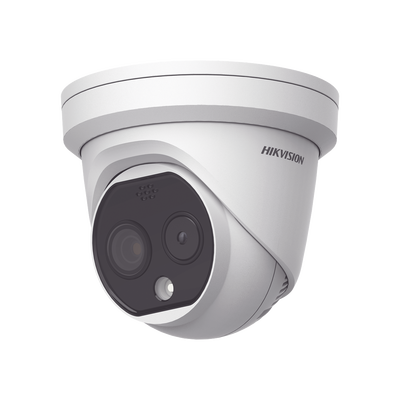 HIKVISION - Turret IP Dual / Térmica 3.1 mm (160 x 120) / Óptico 4 mm (4 Megapixel) / Termométrica / Detección de Temperatura / PoE /Exterior IP66 / Sirena y Luz Intermitente Integrada / MicroSD