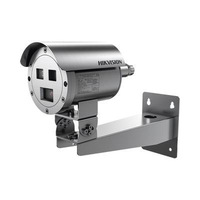 HIKVISION - Bala IP Térmica Dual / Termico 9.7 mm (384 X 288) + Óptico 4 mm (4 MP) / Termométrica / Detección de Temperatura / IP68 / 30 mts IR / Antiexplosión / Anticorrosión