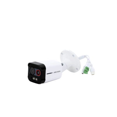 HIKVISION - Cámara Bala IP Térmica y Óptica Biespectral / Análisis de Video (VCA) para Protección Perimetral / Clasifica Vehículo/Humano / Térmica 96 x 72 / Óptica 4 MP ColorVu / IP67 / Audio y Alarma Visual