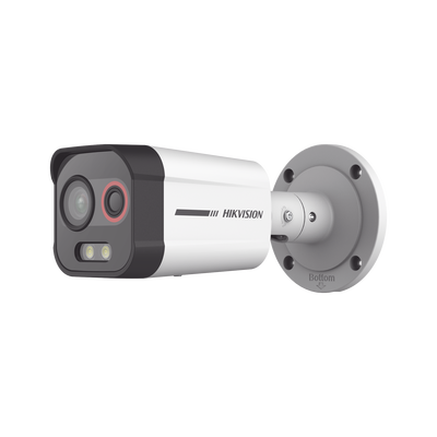 HIKVISION - Cámara Bala IP Térmica y Óptica Biespectral / Análisis de Video (VCA) para Protección Perimetral / Clasifica Vehículo y Humano / Térmica 96 x 72 / Óptica 4 MP ColorVu / IP67 / micro SD de 256 GB/ PoE