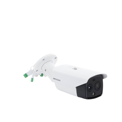 HIKVISION - Bala IP Dual / Térmica 6.9 mm (256 x 192) / Óptico 6.4 mm (4 Megapixel) / 30 mts IR / Exterior IP67 / PoE / Termométrica / Detección de Temperatura / Sirena y Luz Intermitente Integrada / Micro SD