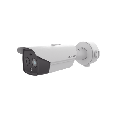 HIKVISION - Bala IP Dual / Térmica 6.9 mm (256 x 192) / Óptico 6.4 mm (4 Megapixel) / 30 mts IR / Exterior IP67 / PoE / Termométrica / Detección de Temperatura / Sirena y Luz Intermitente Integrada / Micro SD