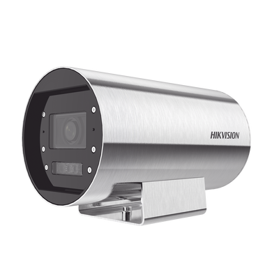 HIKVISION - Bala IP 4 Megapixel / Lente Mot. 2.8 a 12 mm / Acero Inoxidable (304) / Altas Temperaturas (150°C) / Refrigeración por Agua / IP68 / Dual Light (30 mts IR + 20 mts Luz Blanca) / WDR 120 dB / ONVIF / PoE+ / Alarmas I/O / ACUSENSE