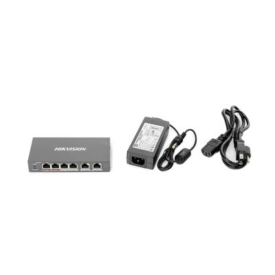 HIKVISION - Switch PoE+ / No Administrable / 3 Puertos 10/100 Mbps 802.3 af/at (30 W) + 1 Puerto 10/100 Mbps Hi-PoE (60 W) / 2 Puertos 10/100 Mbps Uplink / Modo Extendido hasta 300 Metros / 60 W