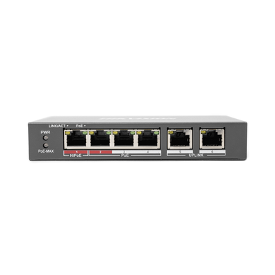 HIKVISION - Switch PoE+ / No Administrable / 3 Puertos 10/100 Mbps 802.3 af/at (30 W) + 1 Puerto 10/100 Mbps Hi-PoE (60 W) / 2 Puertos 10/100 Mbps Uplink / Modo Extendido hasta 300 Metros / 60 W