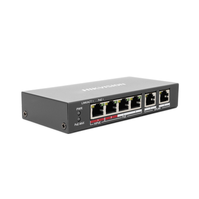 HIKVISION - Switch PoE+ / No Administrable / 3 Puertos 10/100 Mbps 802.3 af/at (30 W) + 1 Puerto 10/100 Mbps Hi-PoE (60 W) / 2 Puertos 10/100 Mbps Uplink / Modo Extendido hasta 300 Metros / 60 W