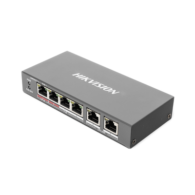 HIKVISION - Switch PoE+ / No Administrable / 3 Puertos 10/100 Mbps 802.3 af/at (30 W) + 1 Puerto 10/100 Mbps Hi-PoE (60 W) / 2 Puertos 10/100 Mbps Uplink / Modo Extendido hasta 300 Metros / 60 W