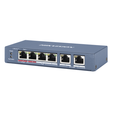 HIKVISION - Switch PoE+ / No Administrable / 3 Puertos 10/100 Mbps 802.3 af/at (30 W) + 1 Puerto 10/100 Mbps Hi-PoE (60 W) / 2 Puertos 10/100 Mbps Uplink / Modo Extendido hasta 300 Metros / 60 W