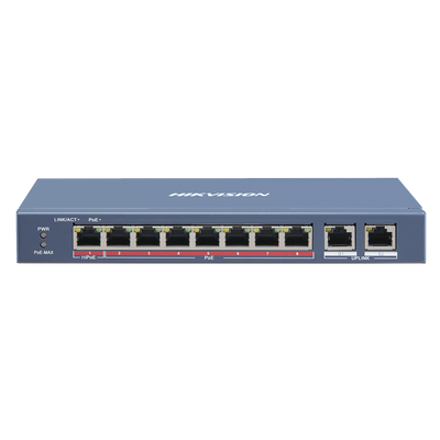 HIKVISION - Switch PoE+ / No Administrable / 7 Puertos 10/100 Mbps 802.3 af/at (30 W) / 1 Puerto 10/100 Mbps Hi-PoE (90 W)  / 2 Puertos 1000 Mbps Uplink / Modo Extendido hasta 300 Metros / 110 Watts
