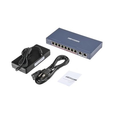 HIKVISION - Switch PoE+ / No Administrable / 7 Puertos 10/100 Mbps 802.3 af/at (30 W) / 1 Puerto 10/100 Mbps Hi-PoE (90 W)  / 2 Puertos 1000 Mbps Uplink / Modo Extendido hasta 300 Metros / 110 Watts