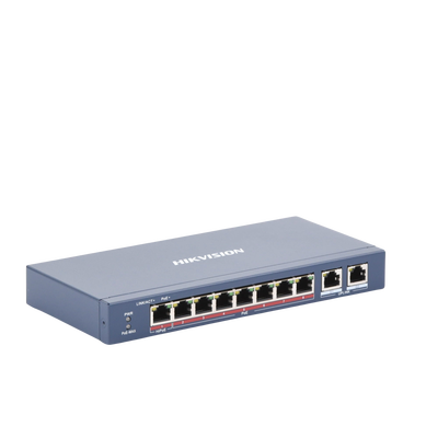 HIKVISION - Switch PoE+ / No Administrable / 7 Puertos 10/100 Mbps 802.3 af/at (30 W) / 1 Puerto 10/100 Mbps Hi-PoE (90 W)  / 2 Puertos 1000 Mbps Uplink / Modo Extendido hasta 300 Metros / 110 Watts