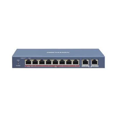 HIKVISION - Switch PoE+ / No Administrable / 7 Puertos 10/100 Mbps 802.3 af/at (30 W) / 1 Puerto 10/100 Mbps Hi-PoE (90 W)  / 2 Puertos 1000 Mbps Uplink / Modo Extendido hasta 300 Metros / 110 Watts
