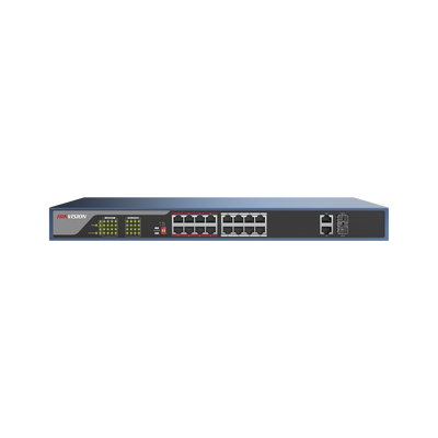 HIKVISION - Switch PoE 250 Metros Larga Distancia / 16 Puertos 802.3at (30 W) 100 Mbps + 2 Puertos Gigabit + 2 Puertos SFP
