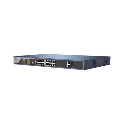 HIKVISION - Switch PoE 250 Metros Larga Distancia / 16 Puertos 802.3at (30 W) 100 Mbps + 2 Puertos Gigabit + 2 Puertos SFP