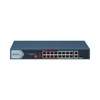 HIKVISION - Switch PoE+ / No Administrable / 16 Puertos 10/100 Mbps PoE+ / 2 Puertos 1000 Mbps Uplink / 1 Puerto SFP Uplink / Modo Extendido hasta 300 Metros / 130 W