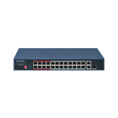 HIKVISION - Switch PoE+ / No Administrable / 24 Puertos 10/100 Mbps PoE+ / 2 Puertos 1000 Mbps Uplink / 1 Puerto SFP Uplink / Modo Extendido hasta 300 Metros / 230 W