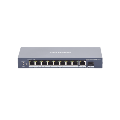 HIKVISION - Switch PoE+ / No Administrable / 7 Puertos 1000 Mbps 802.3 af/at (30 W) / 2 Puertos 1000 Mbps Hi-PoE (90 W) / 1 Puertos 1000 Mbps Uplink / 1 Puerto SFP / Modo Extendido hasta 300 Metros / 110 Watts