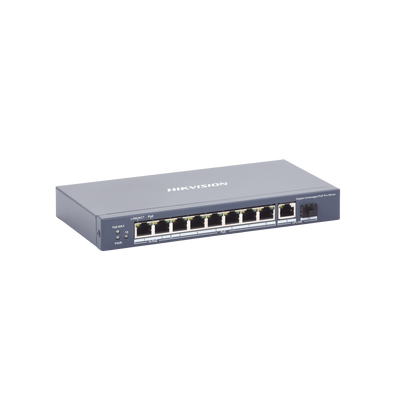 HIKVISION - Switch PoE+ / No Administrable / 7 Puertos 1000 Mbps 802.3 af/at (30 W) / 2 Puertos 1000 Mbps Hi-PoE (90 W) / 1 Puertos 1000 Mbps Uplink / 1 Puerto SFP / Modo Extendido hasta 300 Metros / 110 Watts