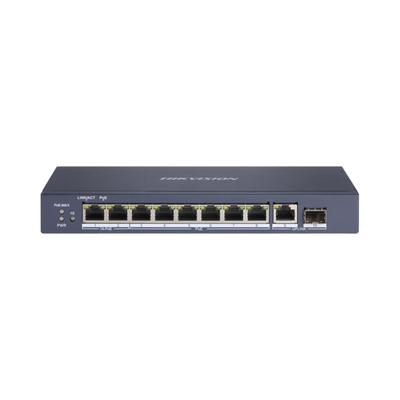 HIKVISION - Switch PoE+ / No Administrable / 7 Puertos 1000 Mbps 802.3 af/at (30 W) / 2 Puertos 1000 Mbps Hi-PoE (90 W) / 1 Puertos 1000 Mbps Uplink / 1 Puerto SFP / Modo Extendido hasta 300 Metros / 110 Watts