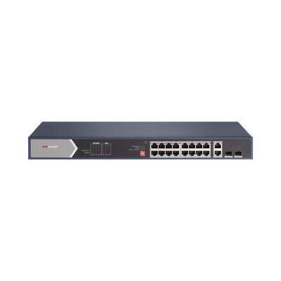 HIKVISION - Switch Gigabit PoE+ / No Administrable / 16 Puertos 1000 Mbps PoE+ (4 Puertos PoE++ 90 W) / 2 Puertos 1000 Mbps Uplink + 2 Puertos SFP de Uplink / Modo Extendido hasta 300 Metros / 225 W