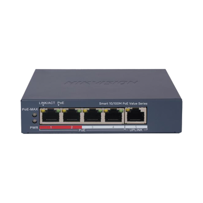 HIKVISION - Switch PoE+ / Monitoreable / 4 Puertos 10/100 Mbps PoE+ / 1 Puerto 10/100 Mbps Uplink / Configuración Nube Hik-PartnerPro / Modo Extendido hasta 300 Metros /  45 W