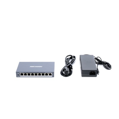 HIKVISION - Switch PoE+ / Monitoreable / 8 Puertos 10/100 Mbps PoE+ / 1 Puerto 1000 Mbps de Uplink / Configuración Nube Hik-PartnerPro / Modo Extendido hasta 300 Metros / 110 W
