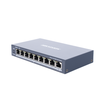 HIKVISION - Switch PoE+ / Monitoreable / 8 Puertos 10/100 Mbps PoE+ / 1 Puerto 1000 Mbps de Uplink / Configuración Nube Hik-PartnerPro / Modo Extendido hasta 300 Metros / 110 W
