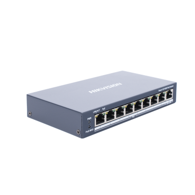 HIKVISION - Switch PoE+ / Monitoreable / 8 Puertos 10/100 Mbps PoE+ / 1 Puerto 1000 Mbps de Uplink / Configuración Nube Hik-PartnerPro / Modo Extendido hasta 300 Metros / 110 W
