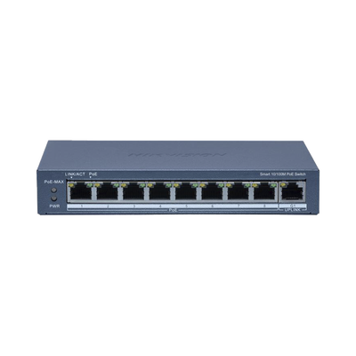 HIKVISION - Switch PoE+ / Monitoreable / 8 Puertos 10/100 Mbps PoE+ / 1 Puerto 1000 Mbps de Uplink / Configuración Nube Hik-PartnerPro / Modo Extendido hasta 300 Metros / 110 W