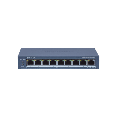 HIKVISION - Switch Administrable PoE+ / 8 puertos 100 Mbps PoE+ / 1 puerto 1000 Mbps de Uplink / PoE hasta 300 Metros / Conexión Remota desde Hik-ParnerPro / 110 W