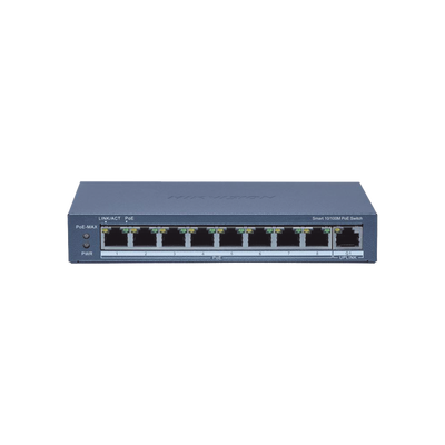 HIKVISION - Switch Administrable PoE+ / 8 puertos 100 Mbps PoE+ / 1 puerto 1000 Mbps de Uplink / PoE hasta 300 Metros / Conexión Remota desde Hik-ParnerPro / 110 W