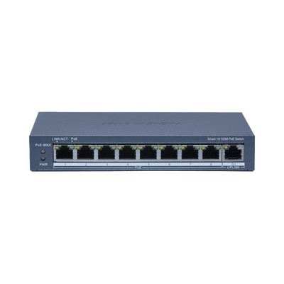 HIKVISION - Switch PoE+ / Monitoreable / 8 Puertos 10/100 Mbps PoE+ / 1 Puerto 1000 Mbps Uplink /  Configuración Nube Hik-Partner Pro / Modo Extendido hasta 300 metros / 60 W