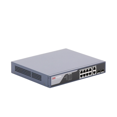 HIKVISION - Switch PoE+ / Administrable / Uso en Rack / 8 Puertos 10/100 PoE+ /  2 Puertos 1000 Mbps Uplink  / 2 Puertos SFP / Configuración Nube desde Hik-PartnerPro / Modo Extendido hasta 300 Metros / 125 W